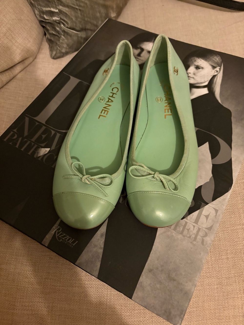 Price Drop! Chanel Mint Green Ballet Flats - Classic Leather Bow 36.5C 💯 auth